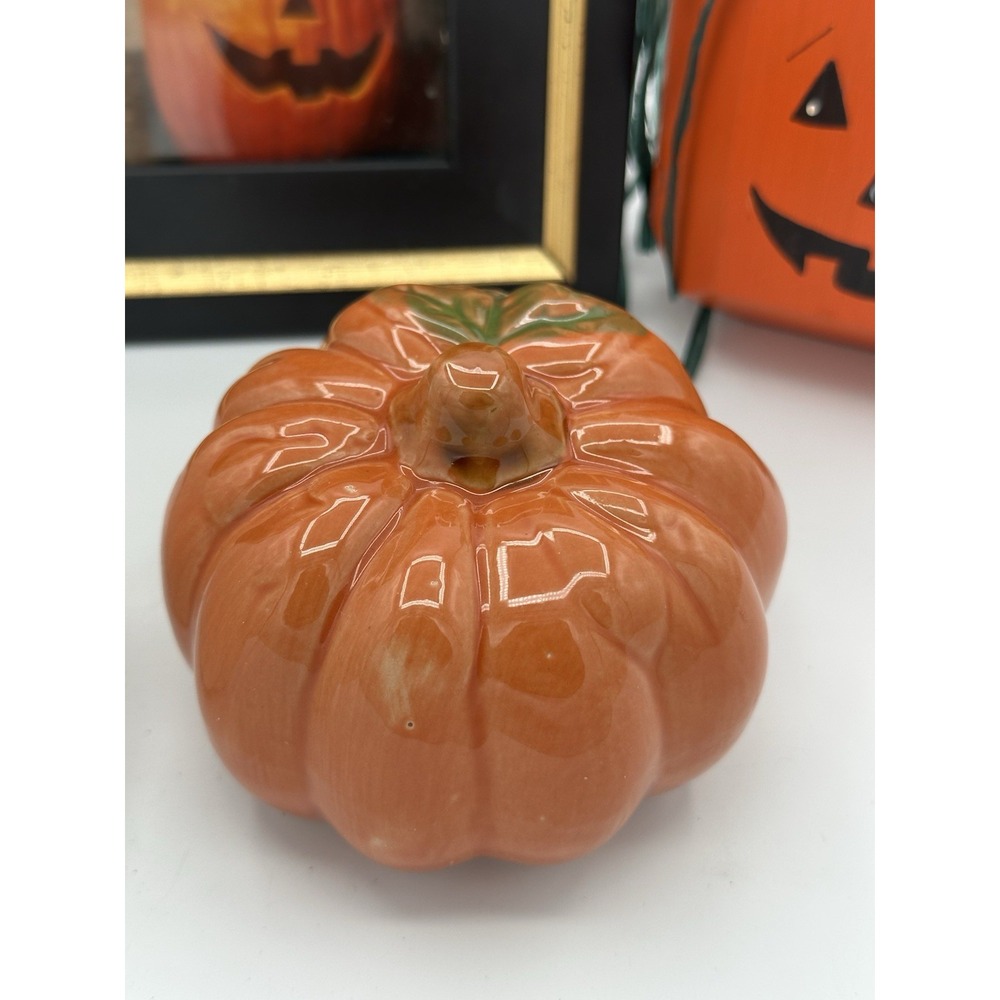 Halloween Pumpkin Decor Lot Ceramic Wood Jack O Lantern Frame Fall Decorations - Picture 3 of 9